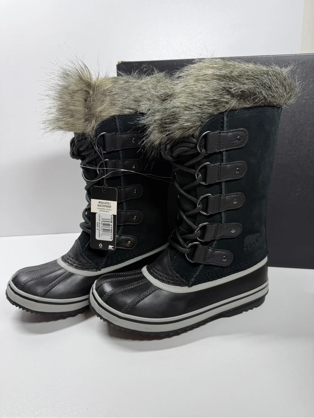 Sorel Joan of Arctic Black Suede Leather Faux Fur Collar Tall Winter Boots Size6